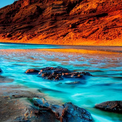 Image similar to Colored photo of a sandy beach along a bright river, deserted city in background, beautiful lighting, wide lens shot, 30mm, bright colors