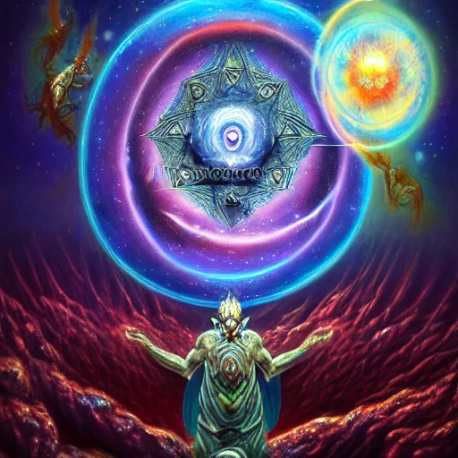 Image similar to god of monsters metaverse made of ancient magic technology, galactic nebular astral realm sacred journey in oil painting, trending on artstation, award winning, emotional, highly detailed surrealist art