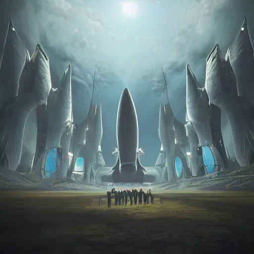 Image similar to thousands of people next to a big spaceship, fantasy art