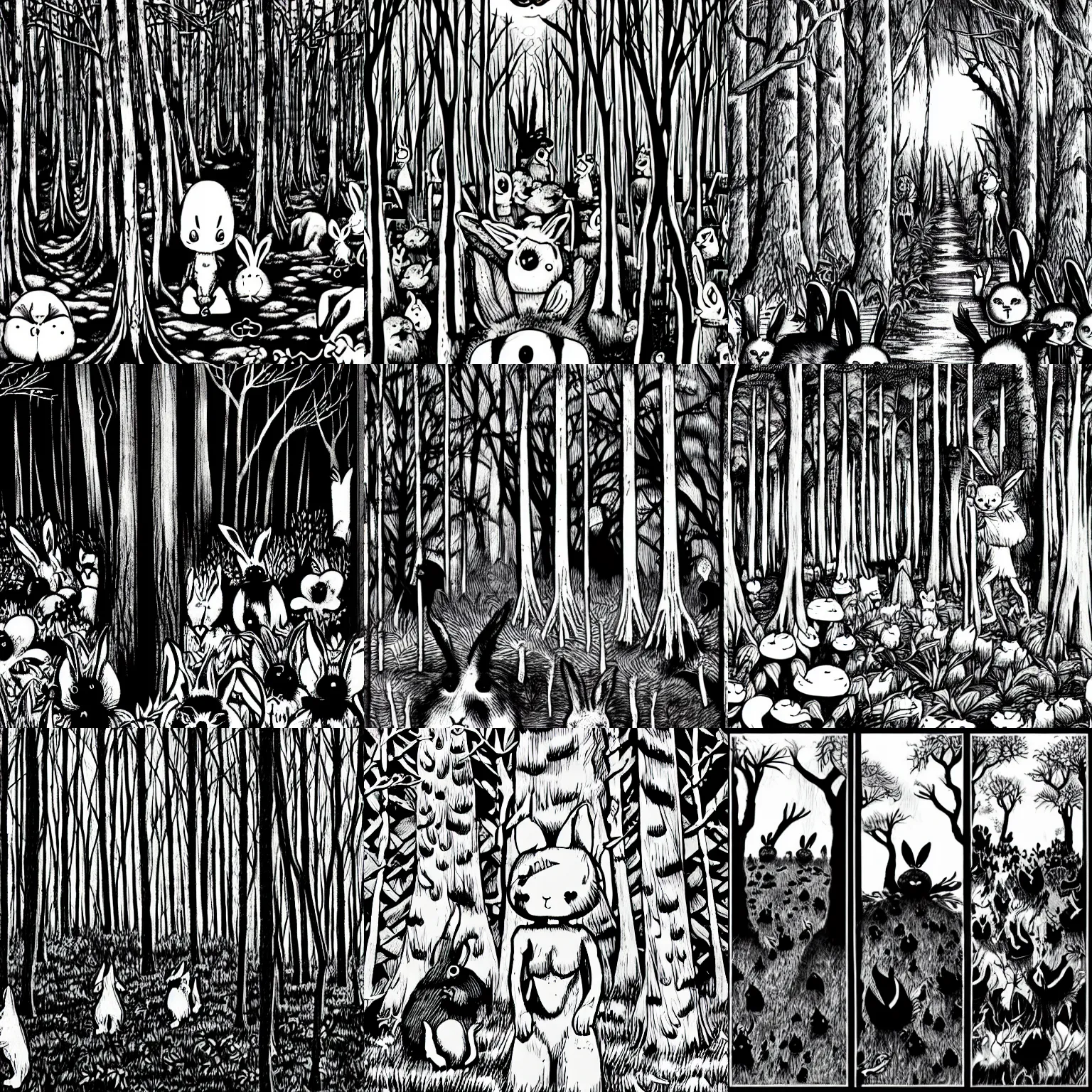 Prompt: A forest with bunnies, horror, terror, manga, black and white, inspired by junji ito