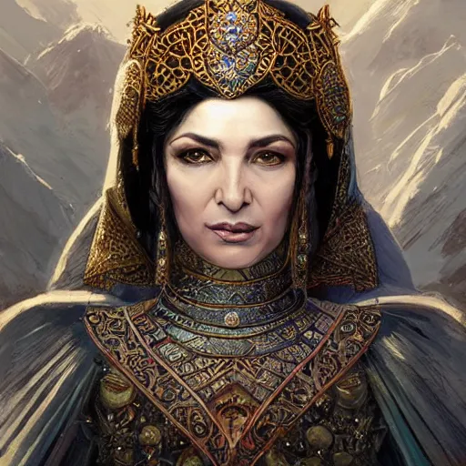 Image similar to old persian empress, shohreh aghdashloo, d & d, fantasy, portrait, highly detailed, digital painting, trending on artstation, concept art, sharp focus, illustration, art by artgerm and greg rutkowski and magali villeneuve