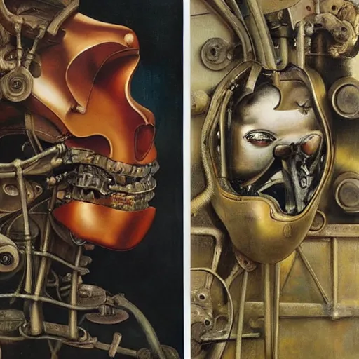 Image similar to Oil painting by Dali. Two mechanical trash gods with animal faces kissing. Oil painting by Hans Bellmer.