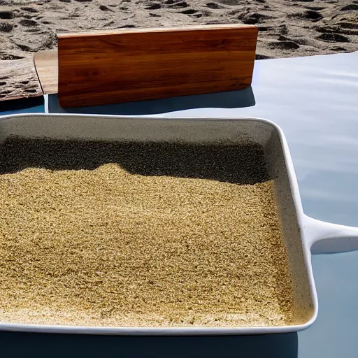 Image similar to a rectangle-shaped wok with no food in it, on the beach