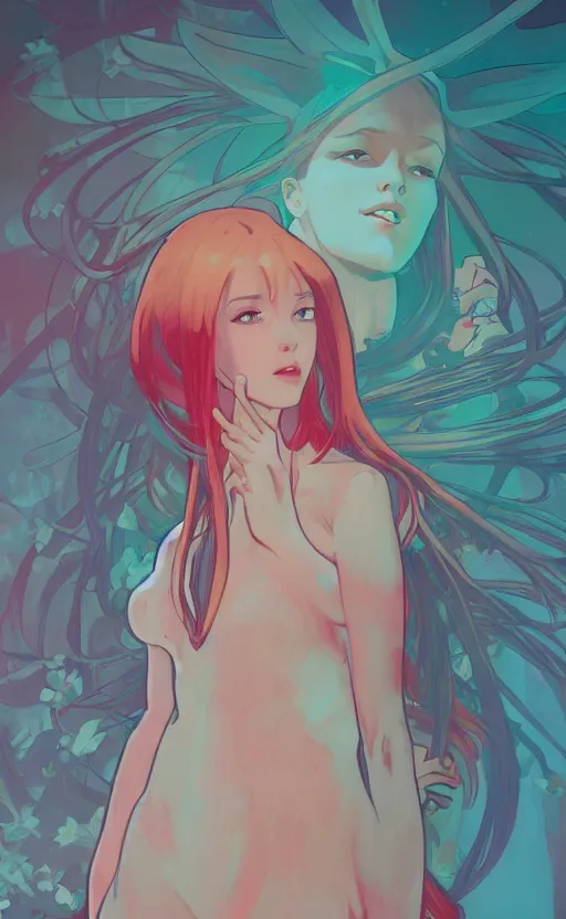 Image similar to Zero Two, ambient lighting, 4k, alphonse mucha, lois van baarle, ilya kuvshinov, rossdraws, artstation