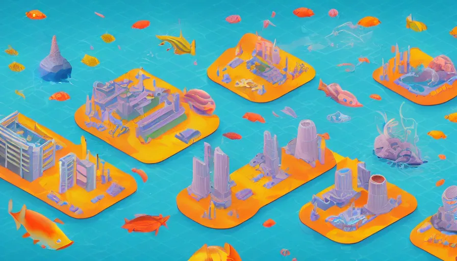 Prompt: busy isometric deep sea city, futuristic isometric underwater buildings, digital art, neat, matte colours, isometric coral, geometric sharp angles