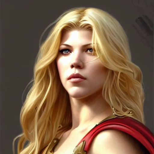 Image similar to beautiful Katheryn Winnick as Super Girl, western, closeup, D&D, fantasy, intricate, elegant, highly detailed, digital painting, artstation, concept art, matte, sharp focus, illustration, art by Artgerm and Greg Rutkowski and Alphonse Mucha