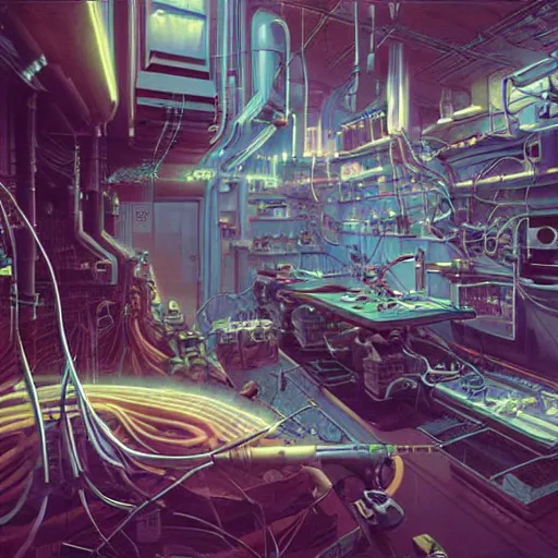 Image similar to an immaculate octane redshift concept art render of the nexus between a vast modern computing center and an alchemist\'s lab with exposed circuit boards, nixie tubes and tesla coils by Zdzisław Beksiński and beeple, beautiful modern colors, ultradetailed, 4k ultra