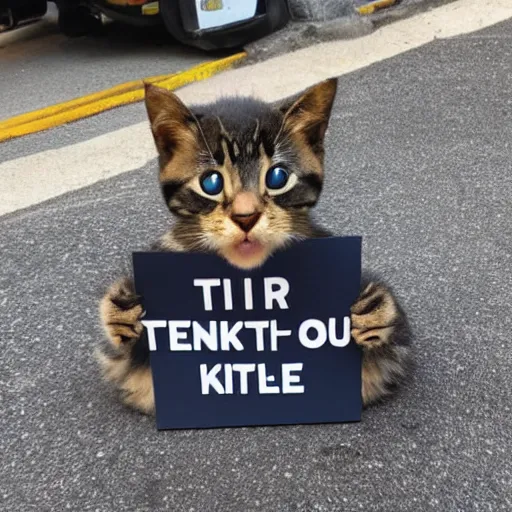 Prompt: a cute kitty holding a thank you sign