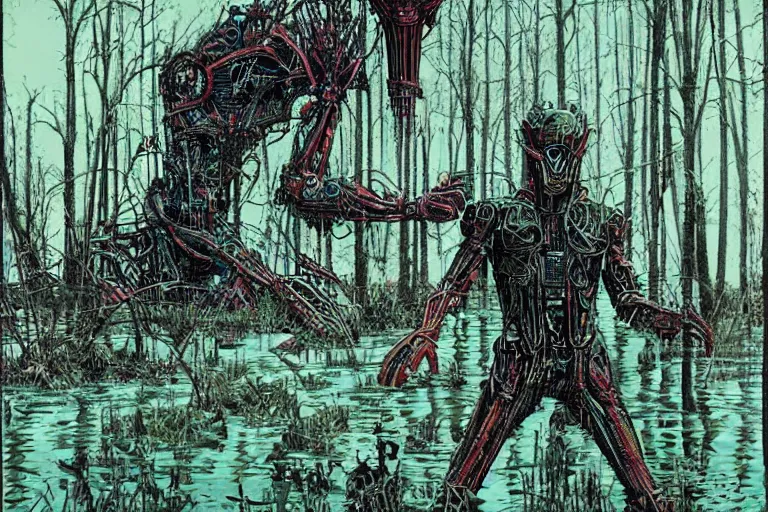 Image similar to scene from louisiana swamps, true detective, artwork by philippe druillet