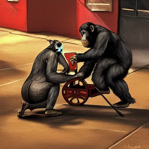 Image similar to a steamroller driving towards a chimpanzee picking up pennies in a street, dramatic lighting, highly detailed digital painting