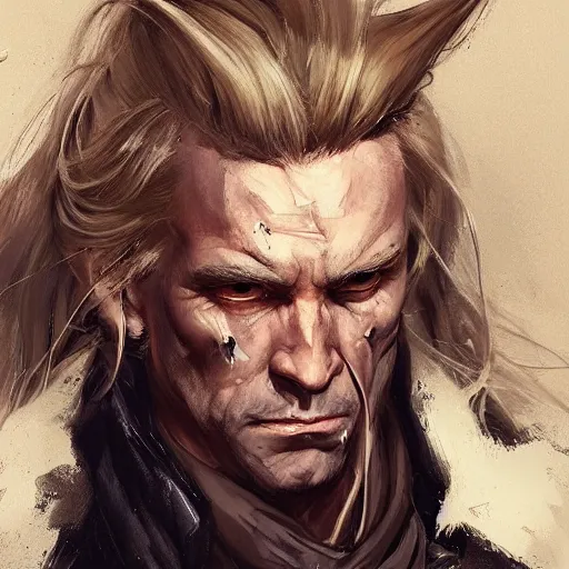 Image similar to portrait of a muscular, grim, ponytail haired blonde man in his late 30's, wearing a thick brown leather coat, looking to his side, half of the face scarred, hunter, DnD character, fantasy character, digital art by Ruan Jia, Krenz Cushart, Rossdraws and Boris Vallejo