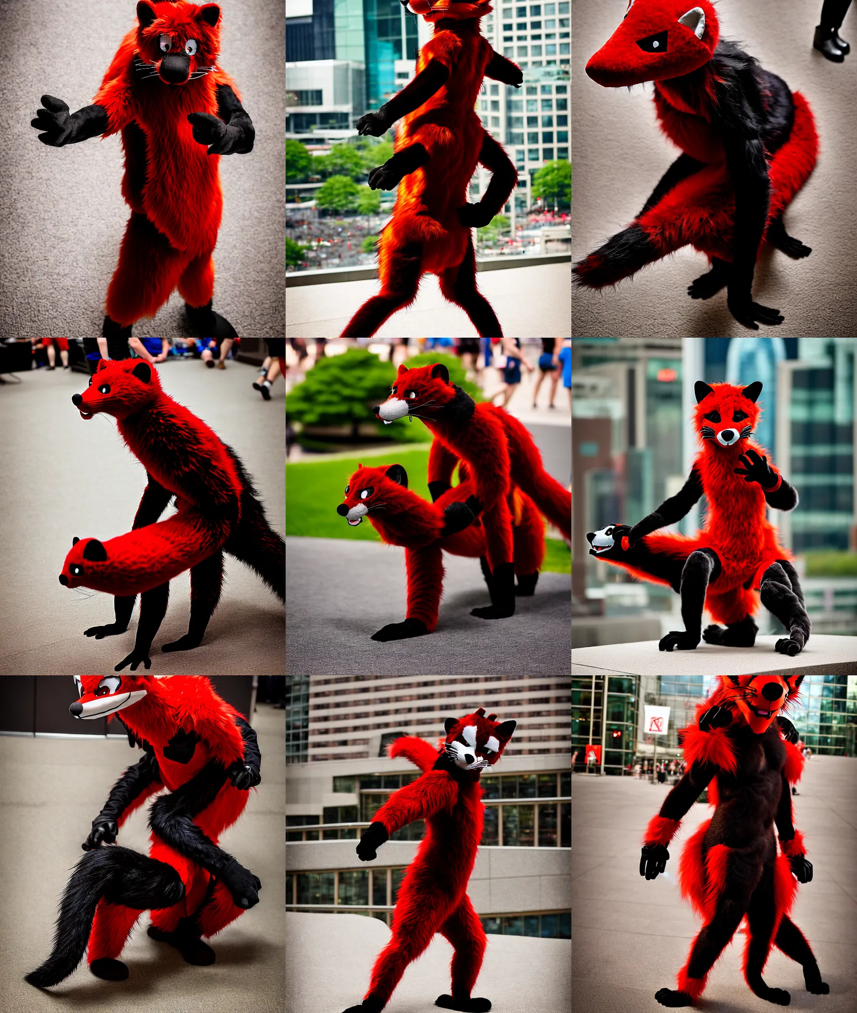 Image similar to fullbody photoshoot photo portrait of a roguish male red - black furred weasel furry fursuiter ( tail attached ), taken at anthrocon ( furry convention )