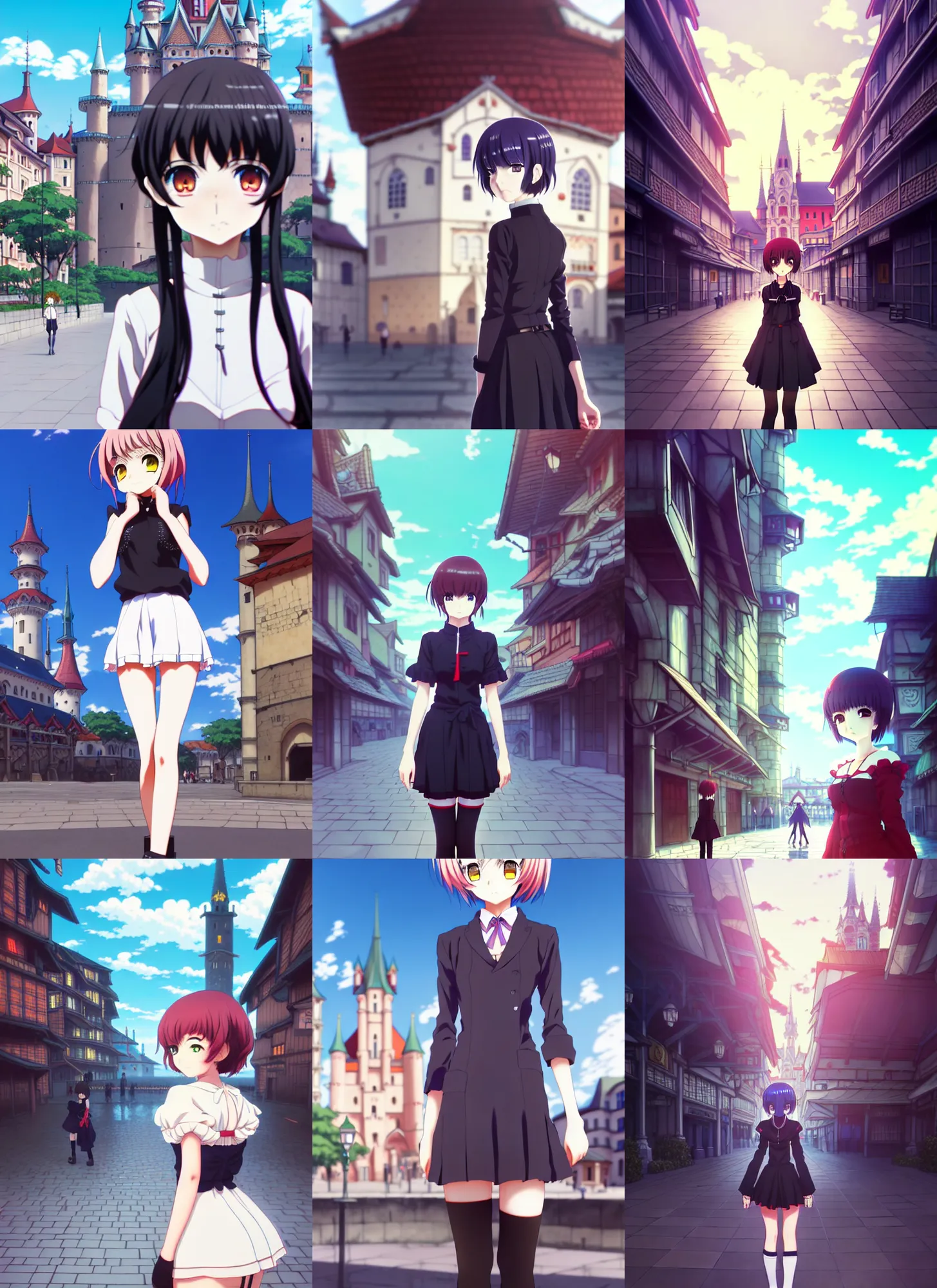 Prompt: anime frames, anime visual, full body portrait of a young woman in the medieval city square looking at the fantasy palace in the distance, cute face by ilya kuvshinov, akihiro yoshida, dynamic pose, dynamic perspective, rounded eyes, moody, psycho pass, kyoani, yoh yoshinari