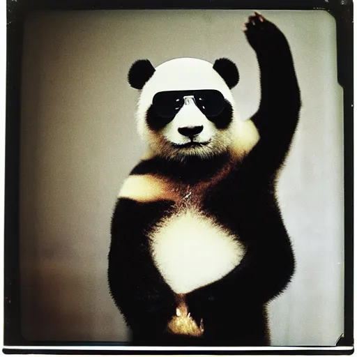 Image similar to grainy head to shoulder portrait polaroid film photograph of a panda in a mall wearing aviator shades. super resolution. surreal. extremely detailed. polaroid 6 0 0 film. by annie leibovitz and richard avedon