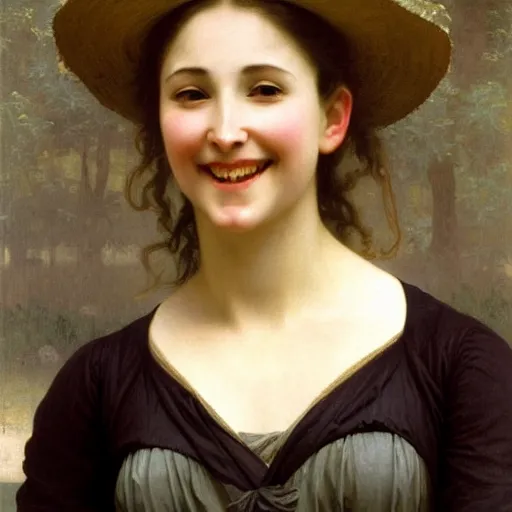 Image similar to woman so happy, her face hurts, by bouguereau