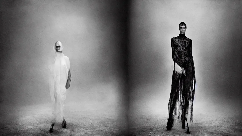 Image similar to eerie atmospheric symmetrical vogue fashion photography by paolo roversi