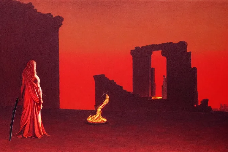 Image similar to only with red, a red melted apollo with a laurel wreath and a flaming sword announce win, athens in background, in the style of beksinski, parts by edward hopper, parts by rodcenko, parts by yue minjun, intricate and epic composition, red by caravaggio, insanely quality, highly detailed, masterpiece, red light, artstation, 4 k