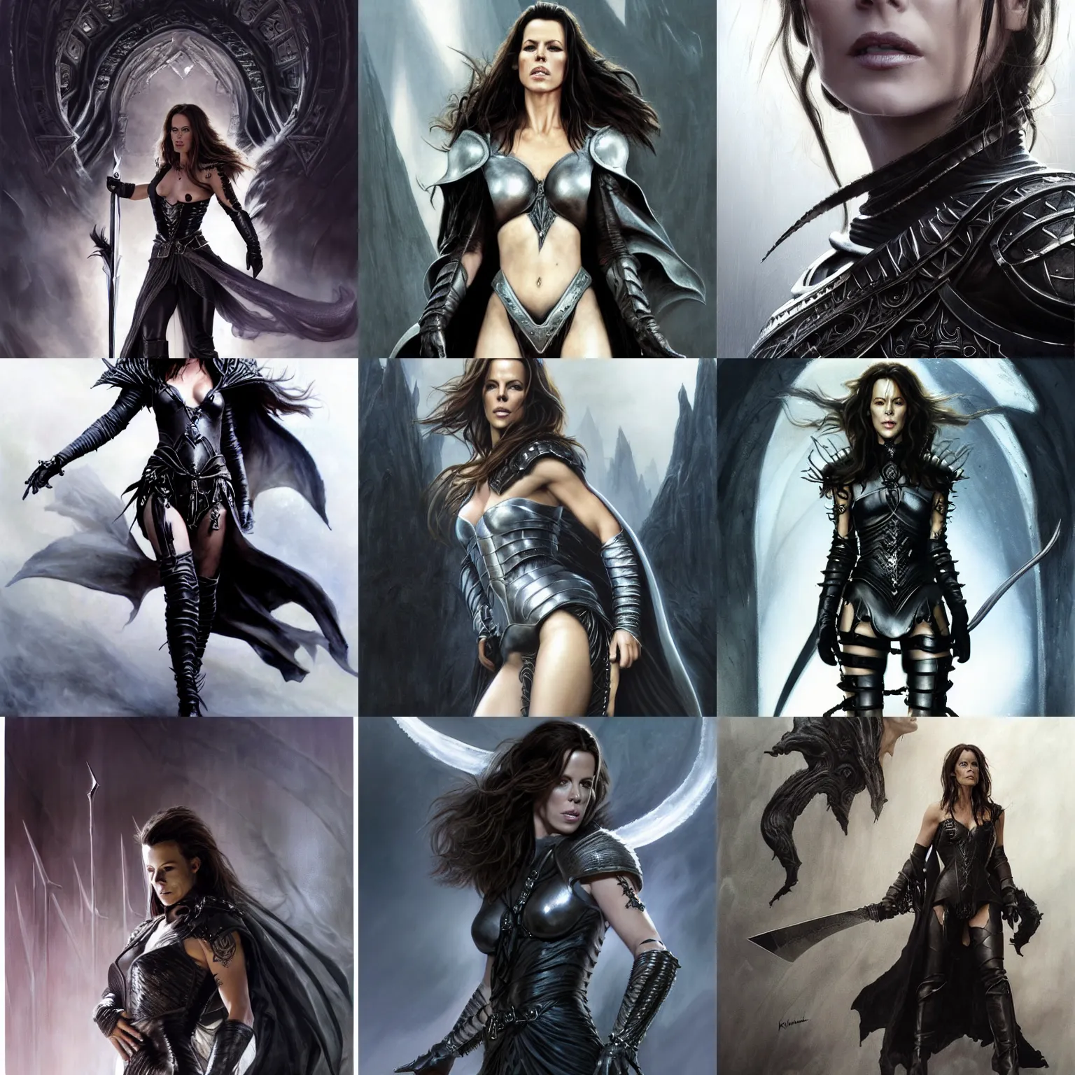 Prompt: kate beckinsale as a sorceress, leather armor, dark, silver sword, high heel boots, lord of the rings, tattoos, black jewelry, perfect face, detailed, concerned, heavy atmosphere, digital painting, by ruan jia and mandy jurgens and artgerm and wayne barlowe and greg rutkowski and frank frazetta