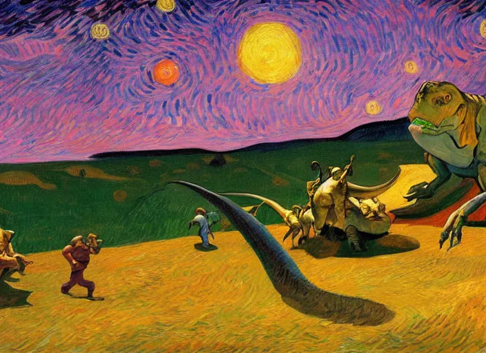 Image similar to painting of the extinction of the dinosaurs with asteroid and fire, in the style of edward hopper and vincent van gogh, dramatic lighting at dusk