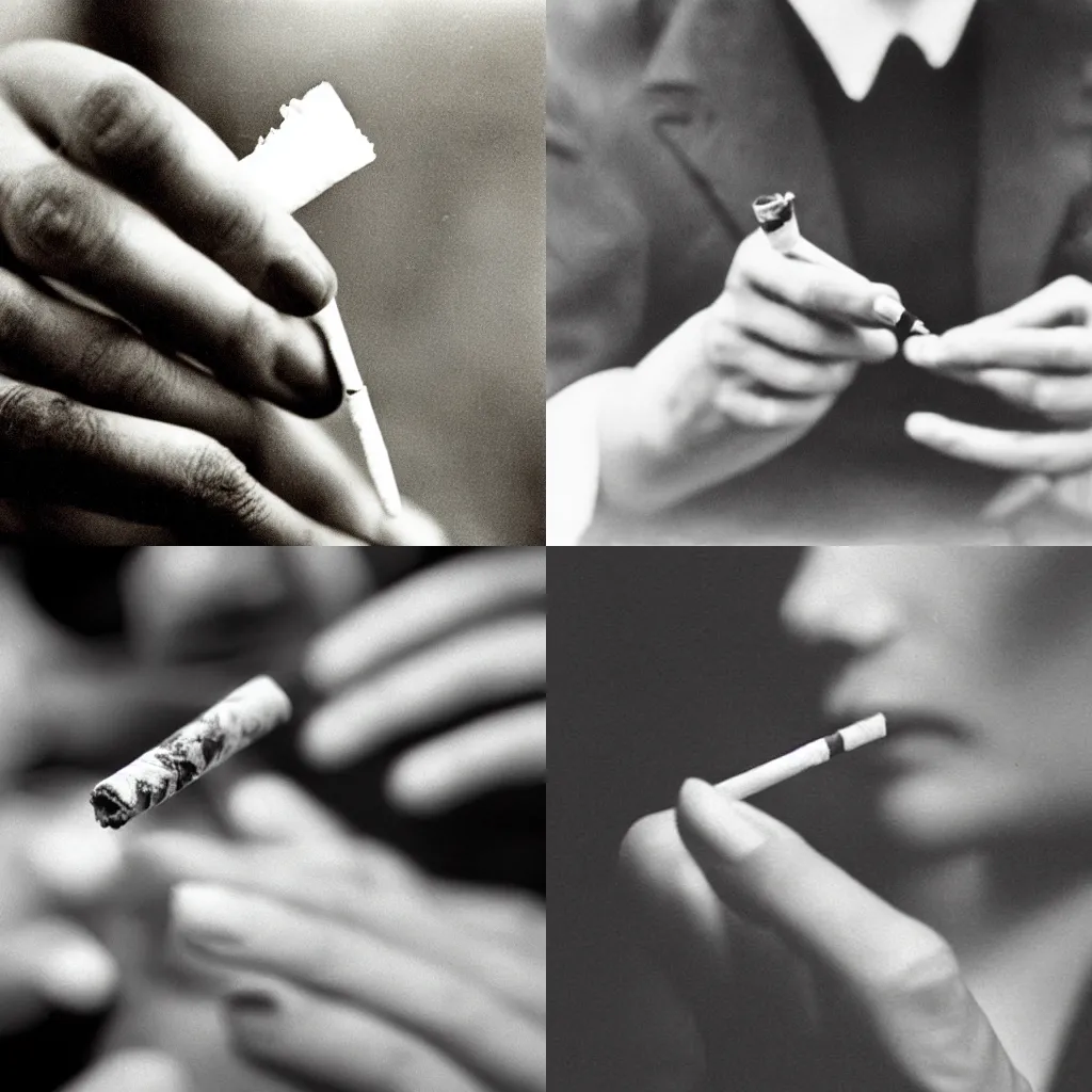 Prompt: Close-up of elegant thin hand holding cigarette with smoke, vintage photo