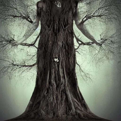 Image similar to Woman grown into a tree, dark, art