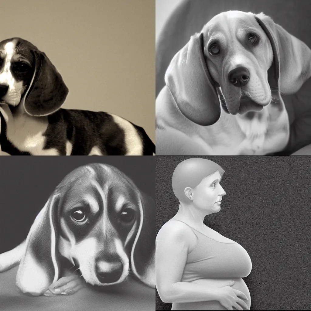 Prompt: An ultrasound scan of a pregnant woman. The scan clearly shows a beagle instead of a human baby. Photorealistic