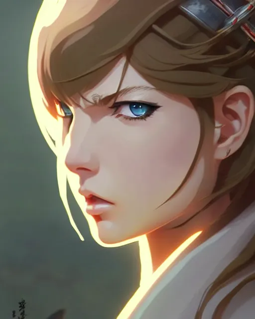 Image similar to azctec warrior, taylor swift, detailed perfect face, exquisite details, fire magic, mid view, design on a white background, by studio muti, greg rutkowski makoto shinkai takashi takeuchi studio ghibli