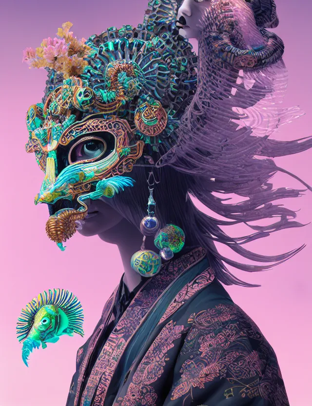 Image similar to 3 d goddess close - up profile solarpunk portrait ram skull. beautiful intricately detailed japanese crow kitsune mask and clasical japanese kimono. betta fish, jellyfish phoenix, bio luminescent, plasma, ice, water, wind, creature, artwork by tooth wu and wlop and beeple and greg rutkowski