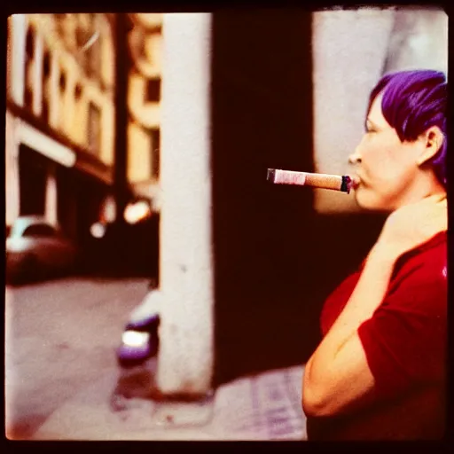 Image similar to colorful instant photograph of a short hair woman smoking in the street, leaning on the wall, polaroid, light leak, raw, nostalgic