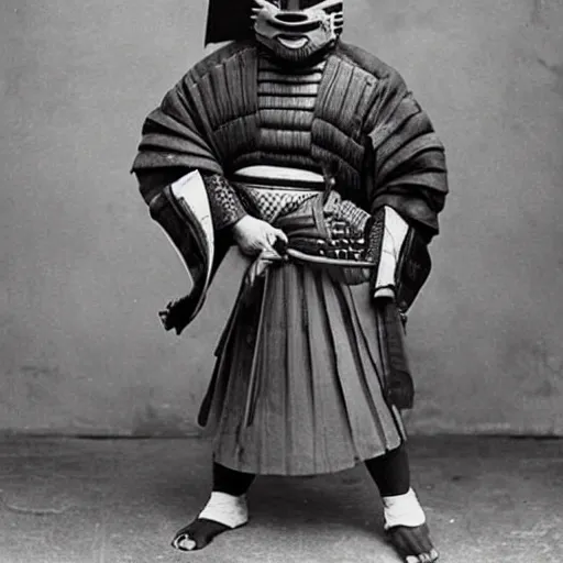 Image similar to samurai wearing a spongebob mask 1 8 0 0 s photograph