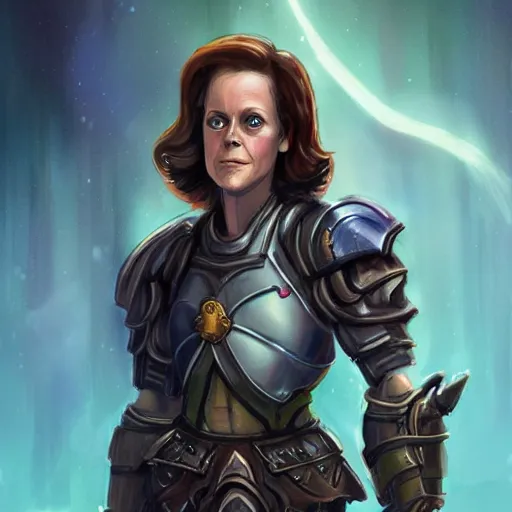 Image similar to young sigourney weaver as a d & d paladin, character portrait by wlop