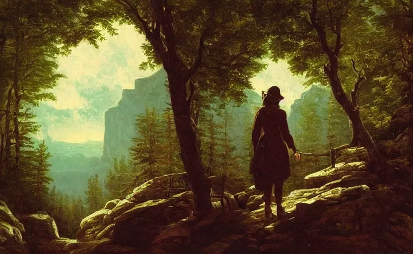 Image similar to a painting of a woman!! explorer overlooking a canyon!! in the north of quebec, in a forest!! with a map in her hands!!! style of Albert Bierstadt, high details, moody lighting, atmospheric