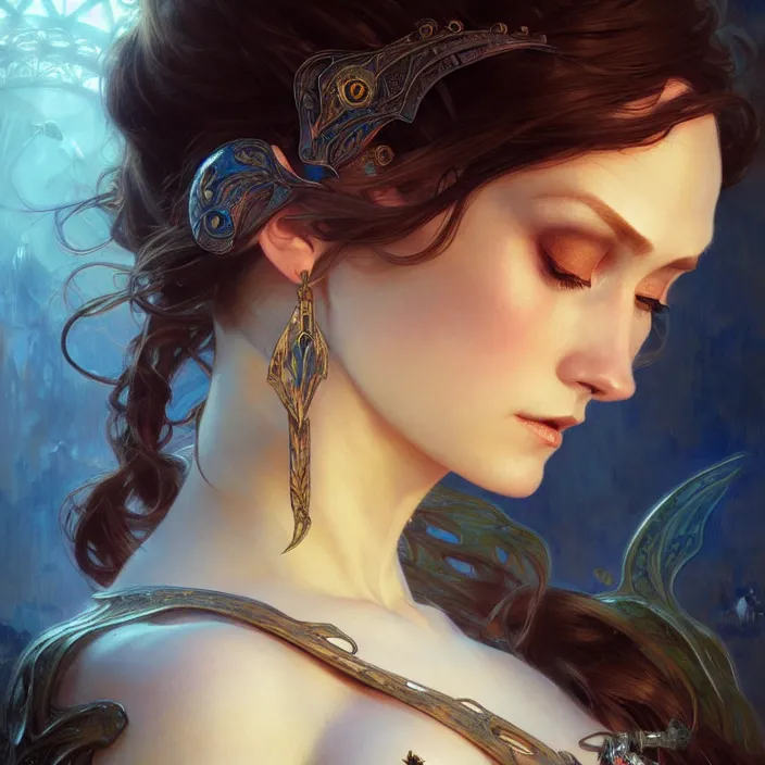 Image similar to Portrait of fairy woman, D&D, blue eyes, face, fantasy, intricate, elegant, highly detailed, digital painting, artstation, concept art, smooth, sharp focus, illustration, art by artgerm and greg rutkowski and alphonse mucha