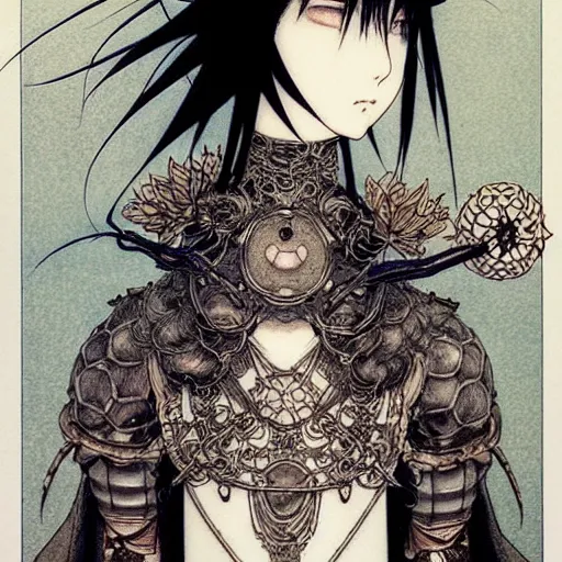 Prompt: prompt: Fragile looking character soft light portrait face drawn by Takato Yamamoto, modernistic looking armor with wild hairstyle, tattooed face, inspired by Evangeleon anime, alchemical objects on the side, soft light, intricate detail, intricate ink and gouache painting detail, manga and anime 1990 high detail, manga 1990