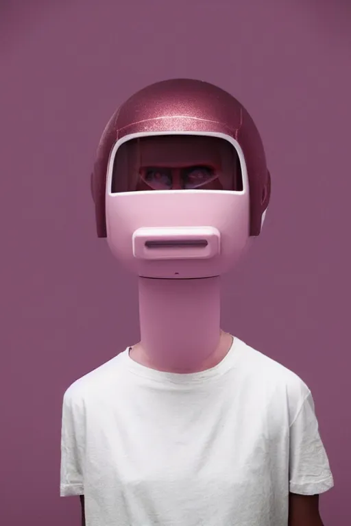 Prompt: a high definition film photograph of a normal androgynous robot human wearing a plain white t - shirt, in a pastel pink room. happy. metallic face shield. crushed shadows.