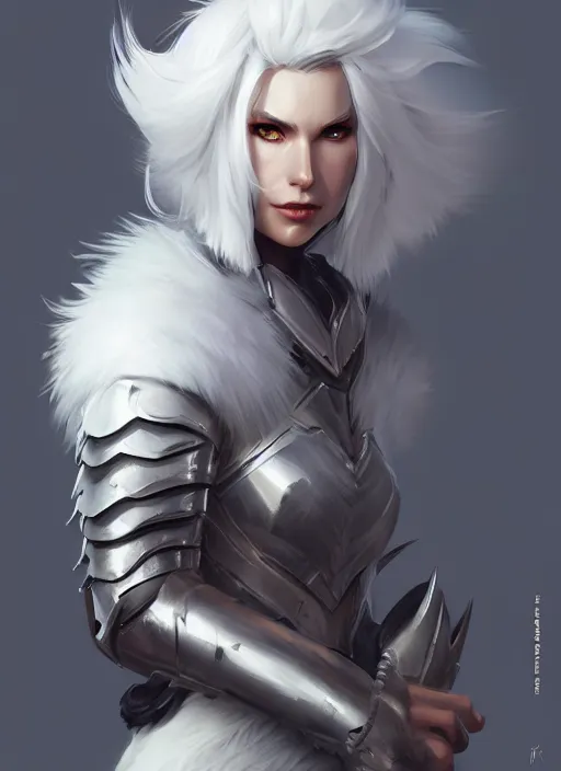 Image similar to fur - lined armor!!! beautiful and elegant white haired female!! gorgeous ayes!! character concept art, sharp focus, octane render! unreal engine 5! highly rendered!! trending on artstation!! detailed linework!! illustration by bussiere rutkowski andreas rocha