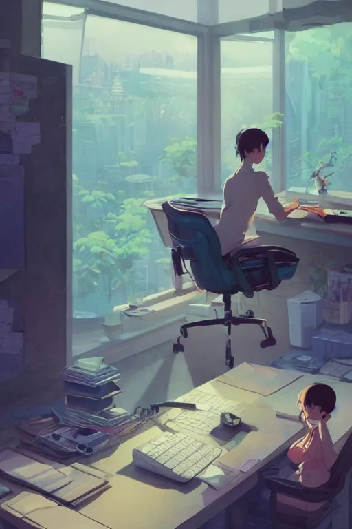 Prompt: beautiful scene render of a person sitting at a desk, playing computer games, dimly lit bedroom, puffed food, green plants, perfectly shaded, atmospheric lighting, style of makoto shinkai and peter mohrbacher, studio ghibli. artgerm, karol bak, beeple, animation style, 8 k hd, ultra wide angle, hyper detailed