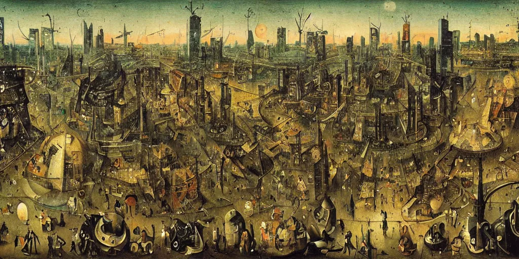 Prompt: view of a crowded cyberpunk city at night painted by hieronymus bosch, highly detailed, intricate, cyberpunk, colourful, night time, art by hieronymus bosch