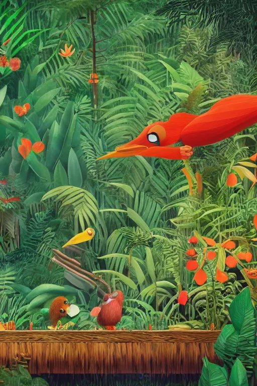 Prompt: rare bird in the jungle, hyper detailed, unreal engine render concept art, glitch, style of henri rousseau and richard scarry and hiroshi yoshida