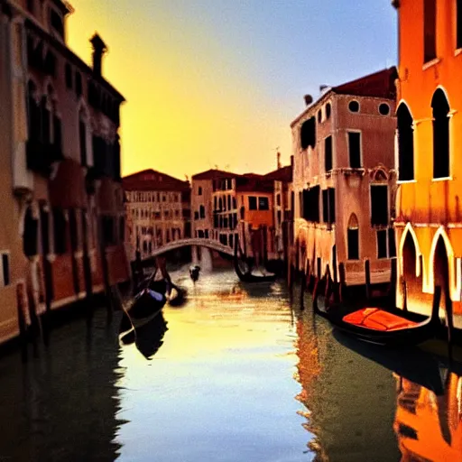 Image similar to A beautiful backlight sunset scene of historic Venice with gondola and reflective water in the style of Johannes Vermeer