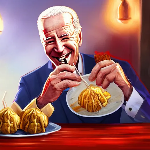 Image similar to happy biden eats dumplings, concept art, trending on artstation, highly detailed, intricate, sharp focus, digital art, 8 k