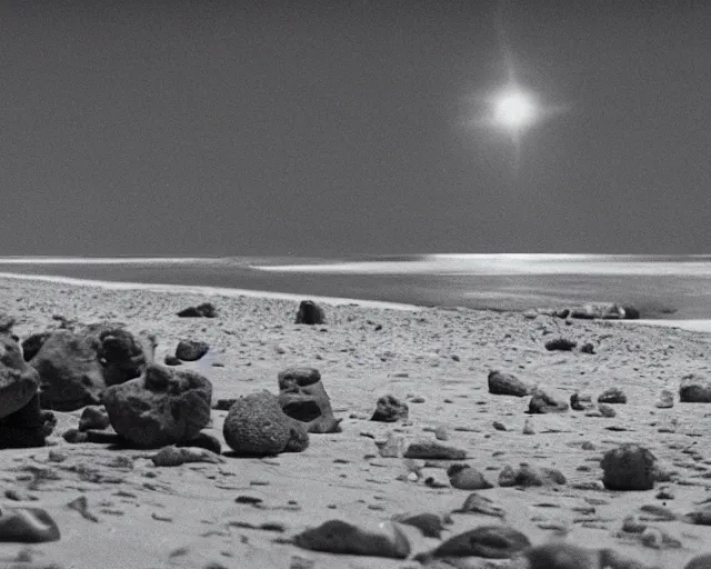 Prompt: a wide angle movie still of a beach on an alien planet with floating rocks, multiple suns, beautiful shot on celluloid with panavision cameras, panavision lenses, 3 5 mm film negative width, anamorphic projection format, critically acclaimed, oscar winning practical effects