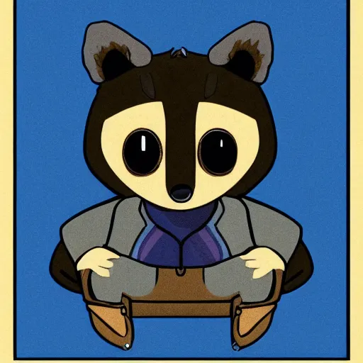 Image similar to anthropomorphic racoon, chibby, male, blue jacket