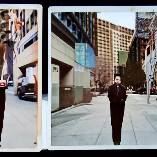 Image similar to 4 clones of emilio santiago on a streets of denver, realistic polaroid photo