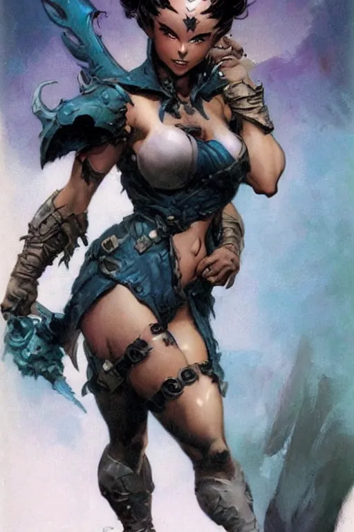 Image similar to a cute fantasy woman by frank frazetta and ross tran