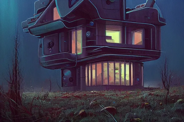 Image similar to beautiful painting of a futuristic house in the style of Simon Stålenhag and H. R. Giger, detailed, trending on Artstation