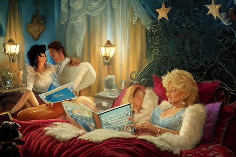 Image similar to portrait of dolly parton reading a bedtime story to michael jackson in bed, an oil painting by ross tran and thomas kincade