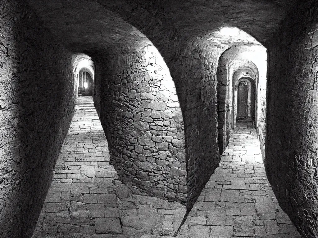 Prompt: A narrow tunnel in a dungeon. Dark Fantasy