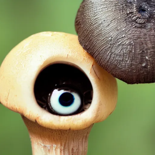 Image similar to macro photo with a mushroom character with cute eyes, drawn in detail