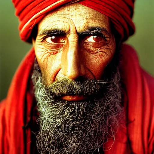 Image similar to portrait of woodrow wilson as afghan man, green eyes and red turban looking intently, photograph by steve mccurry